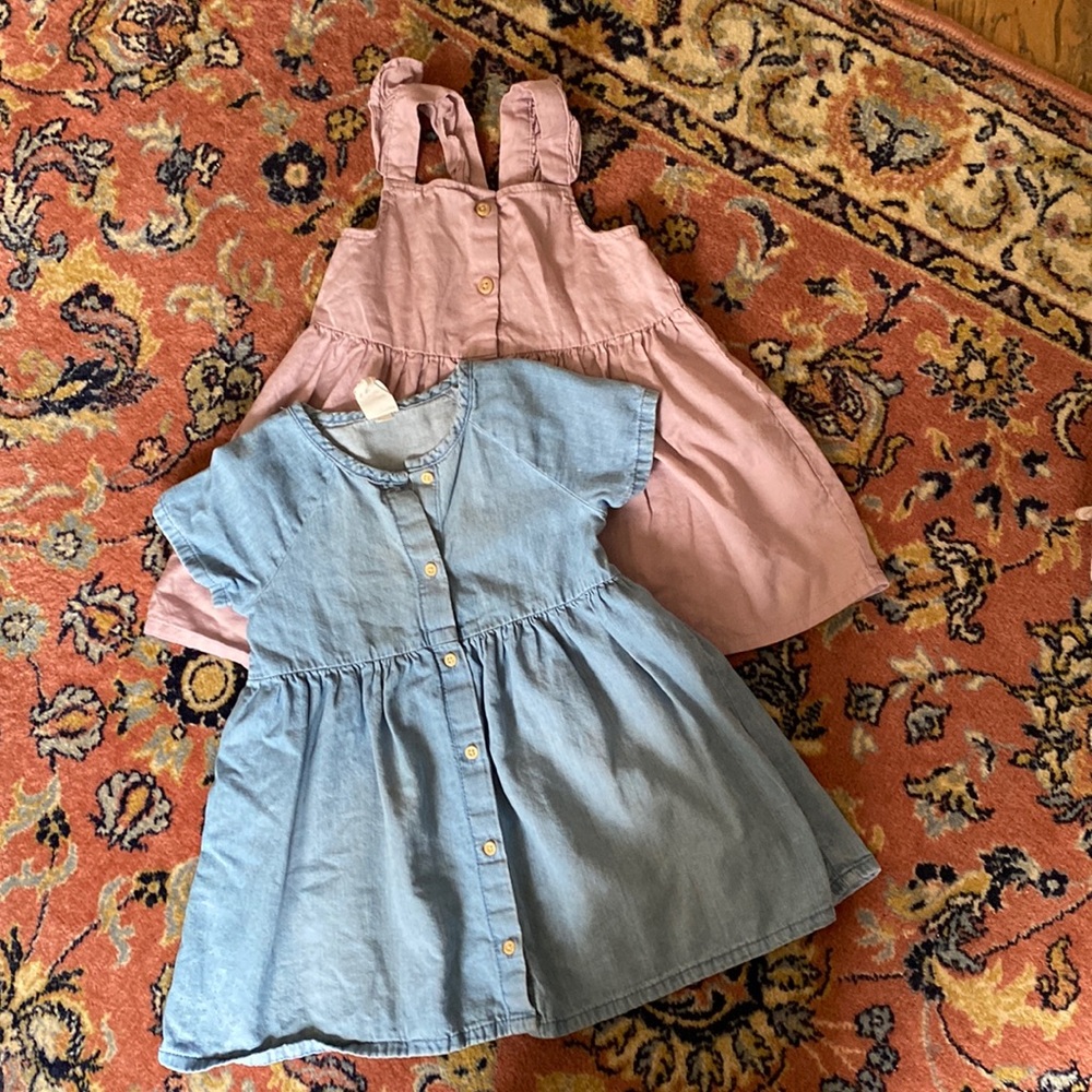 H&M Baby Girl Dress Sz 12-18 EUC Denim Floral Organic Cotton